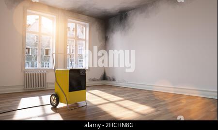 Professioneller Luftentfeuchter nach Wasserschäden in einem Raum mit Form stehend Stockfoto