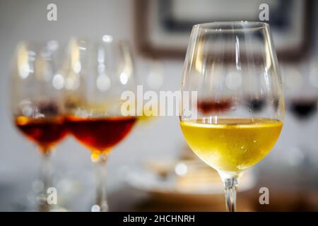 Verschiedene Weine während der Weinverkostung in der Weinkellerei in Azeitao, Portugal Stockfoto