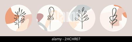 Eine Reihe von abstrakten Hintergrundbildern mit abgerundeten minimalistischen Formen in gedämpften Farben und einem Zweig mit Blättern oder einem Baum. Stock Vektor