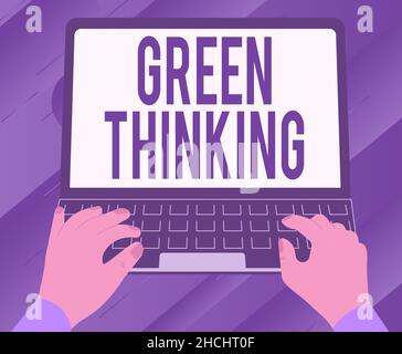 Inspiration zeigt Zeichen Green Thinking. Konzeptionelles Fotografieren, um Umweltverantwortung Wirklichkeit werden zu lassen Illustration einer fleißigen Hand Stockfoto