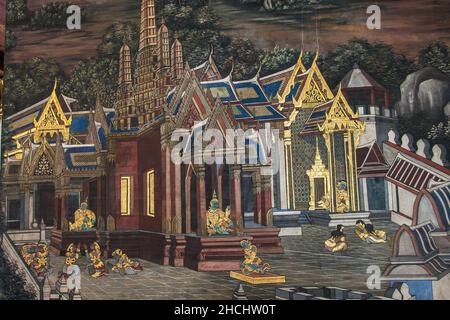 Die Wandmalereien von Ramakian (Ramayana) entlang der Galerien des Tempels des Smaragd-Buddha, des Großen Palastes oder im Wat, Bangkok, Thailand Stockfoto