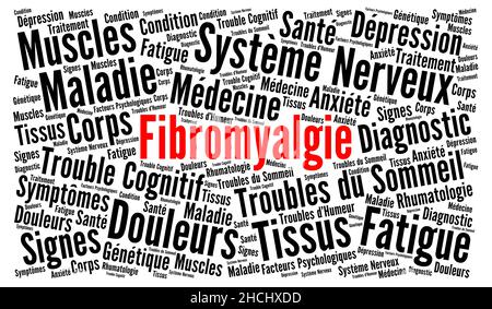 Fibromyalgie Wort Wolke Konzept Illustration in französischer Sprache Stockfoto