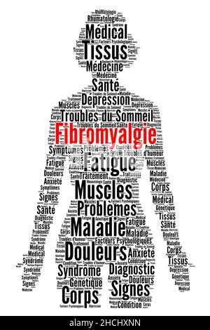 Fibromyalgie Wort Wolke Konzept Illustration in französischer Sprache Stockfoto