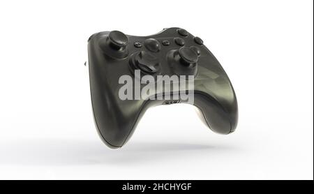 Die 3D Wiedergabe eines schwarzen Game-Controllers isoliert auf weißem Hintergrund. Stockfoto
