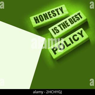 Ehrlichkeit ist die beste Politik Worte in Holzblöcken geschrieben. Vertrauenswürdig, Wahrheit, Überzeugungen und Vereinbarung Geschäftskonzept. Stockfoto