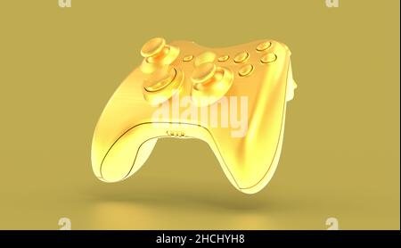 Die 3D Rendering eines goldenen Game Controller isoliert auf gelbem Hintergrund. Stockfoto