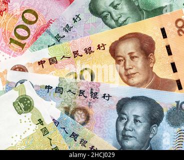 Banknoten von chinesischem Geld mit Porträt von Mao Zedong. Chinesische Papierwährung Stockfoto