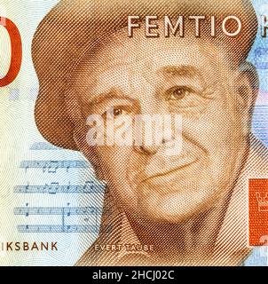 Evert Taube Porträt von fünfzig schwedischen Kronen Banknoten Stockfoto