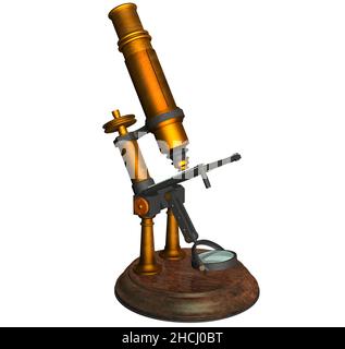 3D Darstellung eines antiken Mikroskops aus dem frühen 19. Jahrhundert. Stockfoto
