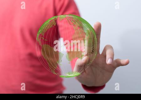 3D Darstellung des Erdsymbols auf dem Hintergrund eines Personen-/Umweltkonzepts Stockfoto