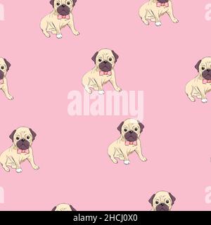 Nahtlose Muster mit Bild von einem Lustige Cartoon Pugs Welpen auf einem blauen Hintergrund. Vektorgrafik. Stock Vektor