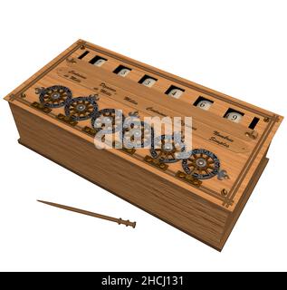 3D Darstellung eines mechanischen Rechengeräts, entworfen und erstellt vom berühmten französischen Mathematiker und Erfinder Blaise Pascal. Stockfoto