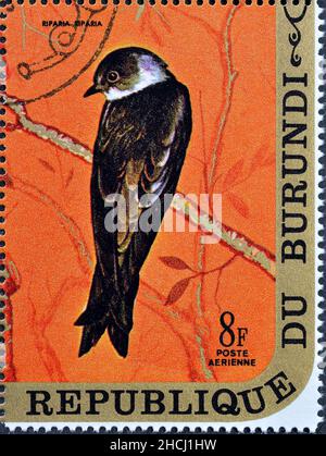 Abgesagte Briefmarke gedruckt von Burundi, die Sand martin zeigt, um 1971. Stockfoto