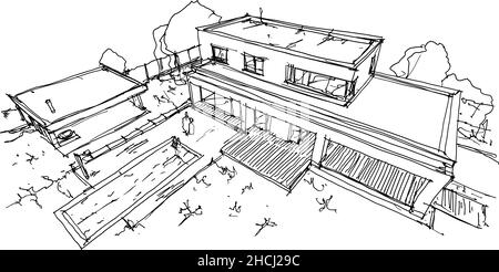 Handgezeichnete architektonische Skizzen eines modernen einstöckigen Einfamilienhauses mit Flachdach und Menschen in der Umgebung Stockfoto