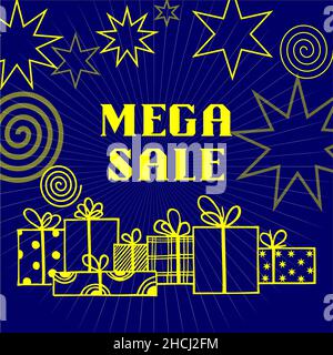 Mega Sale Promotion Poster, gelbe Umrissdarstellung auf blauem Hintergrund Stock Vektor
