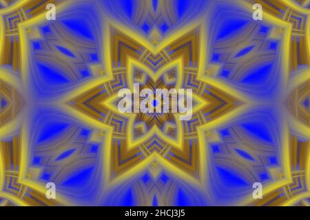 Digitale Kunst, 3D Illustration. Abstraktes geometrisches Muster, blaues und goldgelbes Sternkaleidoskop Stockfoto