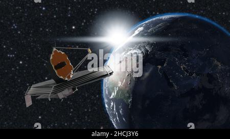 James Webb-Teleskop im Weltraum. Von der NASA eingerichtete Elemets dieser Amige. 3D Rendern. Stockfoto