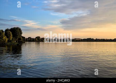 Grove am Ufer eines Sees bei Sonnenuntergang Stockfoto