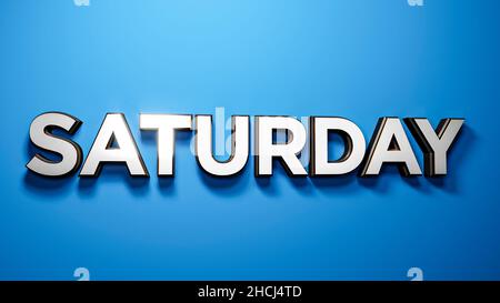 Ein Samstag 3D Typografie gebürstet Metall Chrom Buchstaben auf blauem Hintergrund Stockfoto