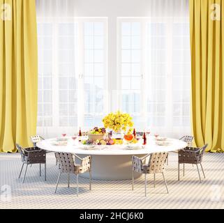 Moderne Inneneinrichtung des Esszimmers mit einem runden Tisch voller Speisen und Getränke 3D Render 3D Illustration Stockfoto