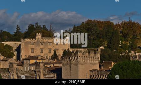 Schöne Aussicht auf das historische Zentrum der Stadt Avignon, Provence, Frankreich mit Stadtmauer, Musée du Petit Palais und Rocher des Doms am Nachmittag. Stockfoto