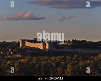 Ansicht der mittelalterlichen Festung Fort Saint-Andre (ca. 14th Jahrhundert) in der Abendsonne in der Herbstsaison vom Rocher des Doms in Avignon, Frankreich aus gesehen. Stockfoto