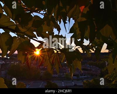 Atemberaubender Sonnenuntergang über dem Place du Palais im historischen Zentrum von Avignon, Provence, Frankreich in der Herbstsaison vom Rocher des Doms aus gesehen. Stockfoto