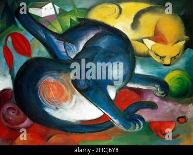 Zwei Katzen, blau und gelb (1912) Gemälde in hoher Auflösung von Franz Marc. Stockfoto