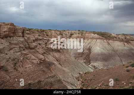Erodierte Gesteinsschichten bilden eine Klippe im Blue Mesa, Petrified Forest National Park im Nordosten von Arizona, USA Stockfoto