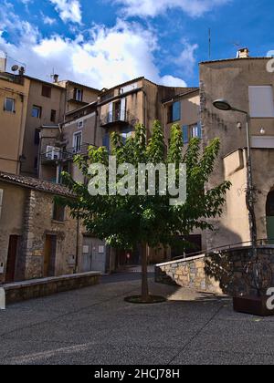 Blick auf das historische Zentrum der Stadt Sisteron in der Provence, Frankreich mit Platz umgeben von alten Gebäuden und einem einzigen Laubbaum mit grünen Blättern. Stockfoto