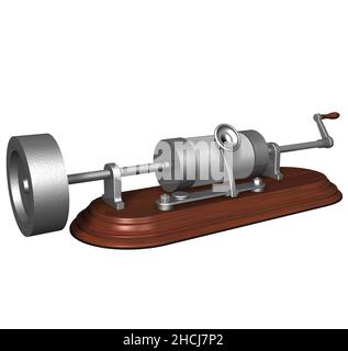 3D Rendering Illustration des zweiten Modells eines Phonographen, der 1878 von Thomas Alva Edison erfunden, geschaffen und patentiert wurde. Stockfoto