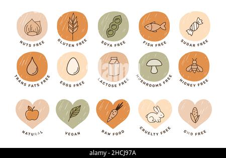Symbol für handgezeichnete Allergene. Sammlung von glutenfreien, Fisch, Ei, Nüssen, Soja, Milch, milchfreie Symbole, Aufkleber und Symbole Stock Vektor