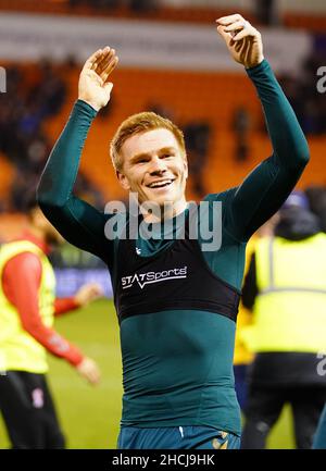 Duncan Watmore von Middlesbrough feiert nach dem Sky Bet Championship-Spiel in der Bloomfield Road, Blackpool. Bilddatum: Mittwoch, 29. Dezember 2021. Stockfoto