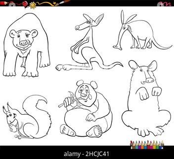 Schwarz-Weiß-Cartoon-Illustration von lustigen wilden Tieren Comic-Figuren setzen Malbuch Seite Stock Vektor