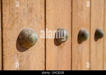 Selektive Fokusaufnahme von großen, alten schwarzen Metallnägeln an einer alten Holztür an einem sonnigen Tag Stockfoto