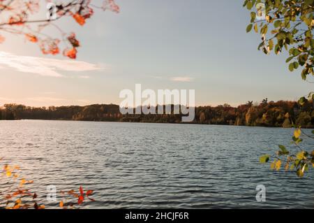Wunderschöner Blick auf die Herbstlandschaft mit der Seneca-Seenoberfläche, die den Sonnenuntergang am Himmel reflektiert, und gelb-orange-roten Bäumen über dem See. King City, Ontario, Kanada Stockfoto