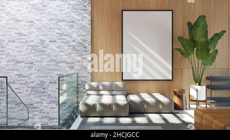 Leerer Fotorahmen im Wohnzimmer-Innenraum, auf Holzwand, 3D Rendering Premium Photo Stockfoto