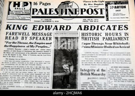 Schlagzeile aus der israelischen Zeitung mit einem historischen Ereignis - König Edward entdankt sich, 1936 Stockfoto