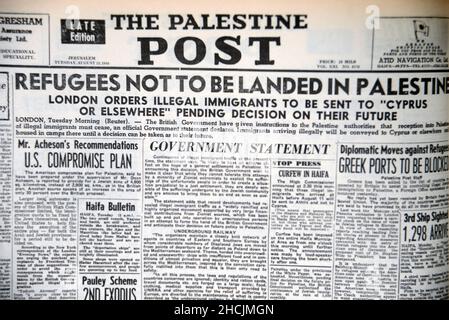 Schlagzeile der israelischen Zeitung mit einem historischen Ereignis - Flüchtlinge dürfen nicht in Palästina gelandet werden, 1946 Stockfoto