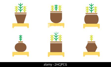 Icon Set von Pflanzen in Töpfen mit vielen Formen. Flache Vektorgrafik. Stock Vektor