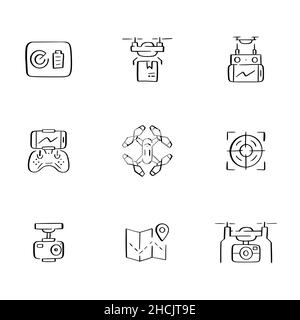 Satz von Symbolen für Drohnen. Kamerahalterungen, Controller, Vorderansicht und Draufsicht. Doodle-Symbole Stock Vektor