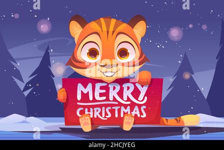 Niedliches Tiger-Banner mit fröhlicher Weihnachtsgratulation. Wilde lustige Kätzchen im Winterwald mit Tannen herum. Tier Junge Weihnachten Charakter mit Grußkarte, Cartoon-Vektor-Illustration Stock Vektor