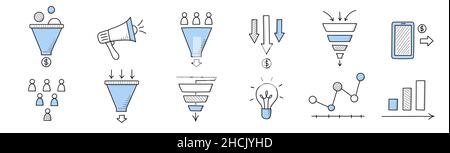 Geschäftstrichter-Symbole mit Charts, Menschen, Megaphon, Verkaufstrichter, Geld und Smartphone. Vector Doodle Satz von Internet-Marketing-Strategie-Symbole auf weißem Hintergrund isoliert Stock Vektor