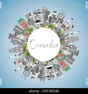Skyline von Kanada mit grauen Gebäuden, blauem Himmel und Kopierraum. Vektorgrafik. Konzept mit historischer Architektur. Stadtbild Von Kanada. Stock Vektor