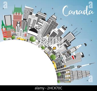 Skyline von Kanada mit grauen Gebäuden, blauem Himmel und Kopierraum. Vektorgrafik. Konzept mit historischer Architektur. Stadtbild Von Kanada. Stock Vektor