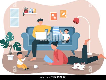 Familienzeit von fröhlichen Eltern und Kindern verbringen Zeit zusammen zu Hause tun verschiedene entspannende Aktivitäten in Cartoon Wohnung Illustration für Poster oder Stock Vektor