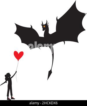 Fliegende Drachen Silhouette und Mädchen mit rotem Ballon isoliert auf weißem Hintergrund, Vektor. Illustration des fliegenden Drachen. Zeichentrickfigur. Kindliche Kunst Stock Vektor