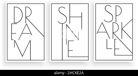 Traum Glanz funkeln, Vektor. Minimalistisches Poster-Design in drei Teilen. Skandinavische Wandkunst, Wanddekoration. Wording-Design isoliert auf weiß Stock Vektor