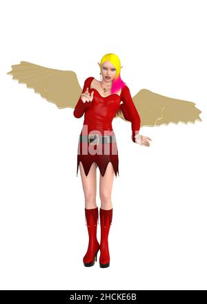 Fantasy-Elf-Frau mit gelb-rosa Haaren in rotem Kleid, 3D Illustration. Stockfoto