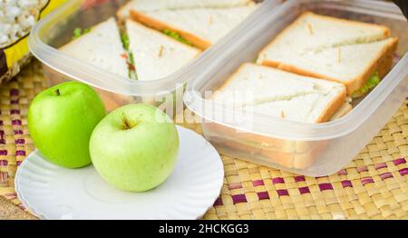 Picknick am Strand, Sandwich-Lunchboxen und grüne Äpfel auf einem Teller. Stockfoto